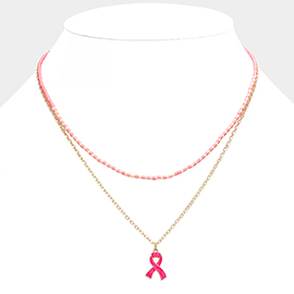 Enamel Pink Ribbon Pendant Double Layered Necklace