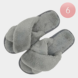 6Pairs - Solid Crisscross Faux Fur Soft Home Indoor Floor Slippers