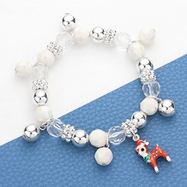 3D Enamel Metal Santa Hat Rudolph Charm Beaded Stretch Bracelet