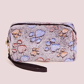 Paw Patterned Faux Fur Wristlet Pouch Bag