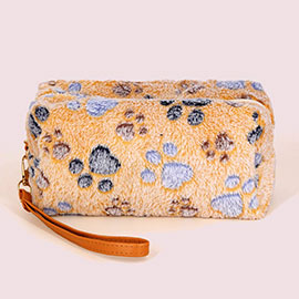 Paw Patterned Faux Fur Wristlet Pouch Bag