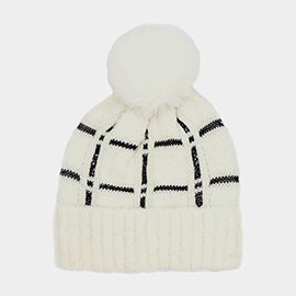 Plaid Check Patterned Pom Pom Beanie Hat