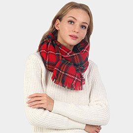 Plaid Check Patterned Fringe Oblong Scarf