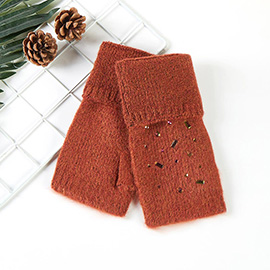 Bling Stone Embellished Knit Fingerless Gloves