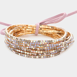 12PCS - Ribbon Colorful Rhinestone Layered Stretch Bracelets