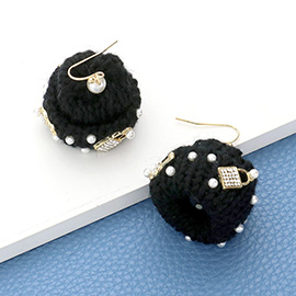 Pearl Key Lock Embellished Knit Beanie Hat Dangle Earrings