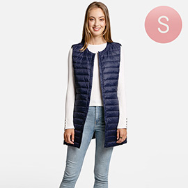 Solid Light Long Puffer Front Pockets Button Vest