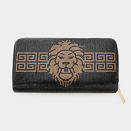 Bling Lion Accented Greek Patterned Zipper Wallet