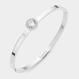 CZ Rond Stone Accented Stainless Steel Bangle Bracelet