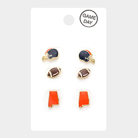 3Pairs - Game Day Auburn University Helmet Football State Map Stud Earrings