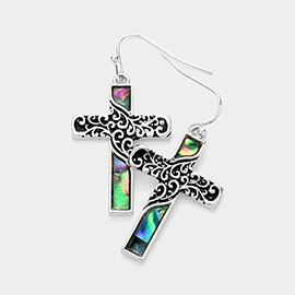 Abalone Embossed Antique Metal Cross Dangle Earrings