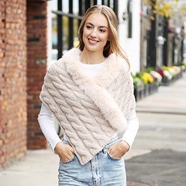 Faux Fur Pointed Cable Knit Shawl