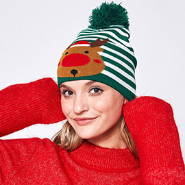 Striped Rudolph Pom Pom Beanie Hat