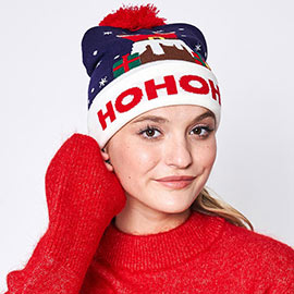 HoHoHo Message Santa Claus Pom Pom Beanie Hat