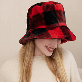 Faux Fur Buffalo Check Patterned Bucket Hat