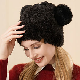 Faux Fur Pom Pom Ear Beanie Hat