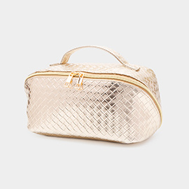 Woven Detailed Solid Tote Bag / Travel Cosmetic Bag