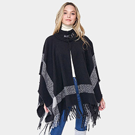 Bordered Fringe Open Cape Ruana Poncho