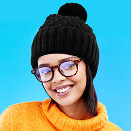 Fleece Lining Solid Knit Faux Fur Pom Pom Beanie Hat