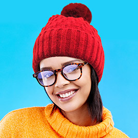 Fleece Lining Solid Knit Faux Fur Pom Pom Beanie Hat