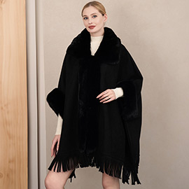 Faux Fur Trimmed Solid Fringe Ruana Poncho