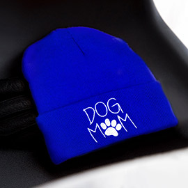 Dog Mom Message Paw Pointed Solid Knit Beanie Hat