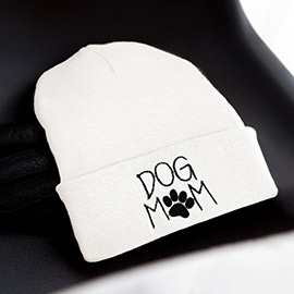 Dog Mom Message Paw Pointed Solid Knit Beanie Hat