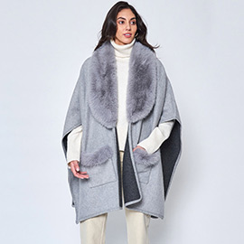 Faux Fur Trimmed Front Pockets Ruana Poncho