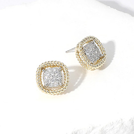 CZ Embellished Curved Square Stud Earrings