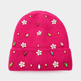 Fleece Lining Daisy Flower Stone Embellished Solid Knit Beanie Hat