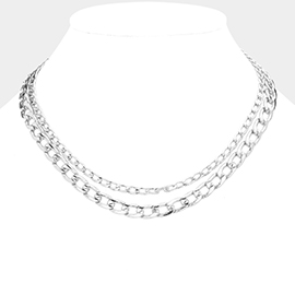 White Gold Dipped Metal Chain Double Layered Necklace