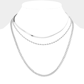 White Gold Dipped Metal Chain Triple Layered Bib Necklace