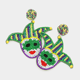 Mardi Gras Felt Back Sequin Seed Beaded Jester Pierrot Dangle Earrings