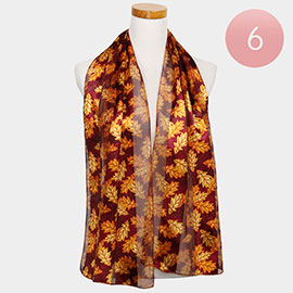 6PCS - Silk Feel Striped Leaf Print Scarf