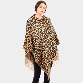 Leopard Pattern Tassel Winter Poncho