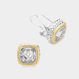 Square CZ Stone Omega Clip Evening Earrings