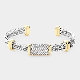 Stone Paved Rectangle Lock Cuff Bracelet