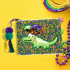 Mardi Gras Seed Beaded Alligator Pom Pom Tassel Mini Pouch Bag