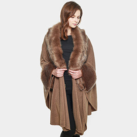 Faux Fur Trim Shawl Poncho