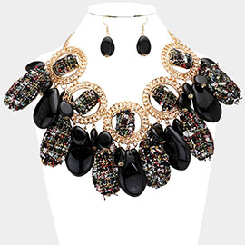 Chunky Glass Stone Tweed Covered Stone Layered Statement Necklace