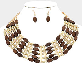 Oval Wood Beaded Statement Necklace