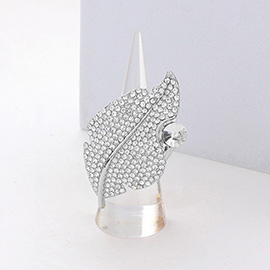 Round Stone Accented Rhinestone Embellished Leaf Stretch Ring