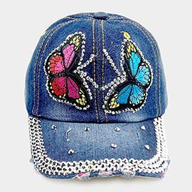 Bling Glass Crystal Stone Accented Butterfly Baseball Cap