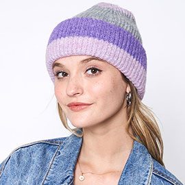 Striped Ribbed Beanie Hat