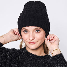 Solid Cable Knit Beanie Hat