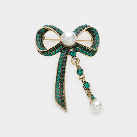 Pearl Accented Stone Paved Ribbon Pin Brooch