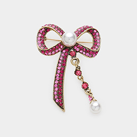 Pearl Accented Stone Paved Ribbon Pin Brooch