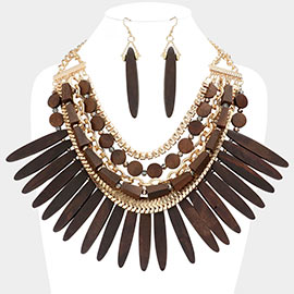 Wooden Spike Accented Metal Chain Layered Bib Necklace