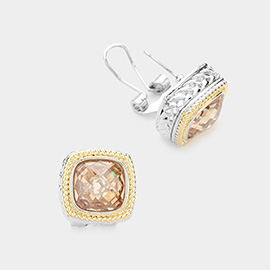 Square CZ Stone Omega Clip Evening Earrings