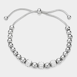 Stone Paved Bead Accented Metal Beaded Adjustable Pull Tie Bracelet